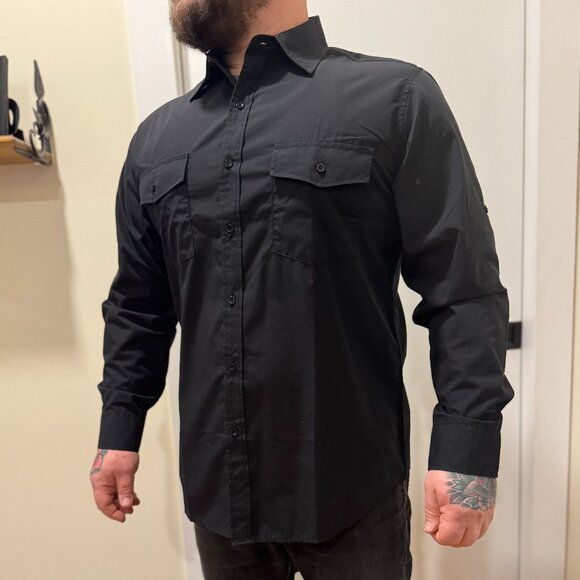 coevals club Other - SAFARI SLEEVE!  (has button to stay rolled up) Black Dressy Casual Button Down